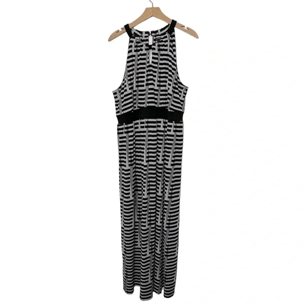 Apt 9 Size 1X Maxi Dress Black White Geometric Striped Halter Keyhole Sleeveless